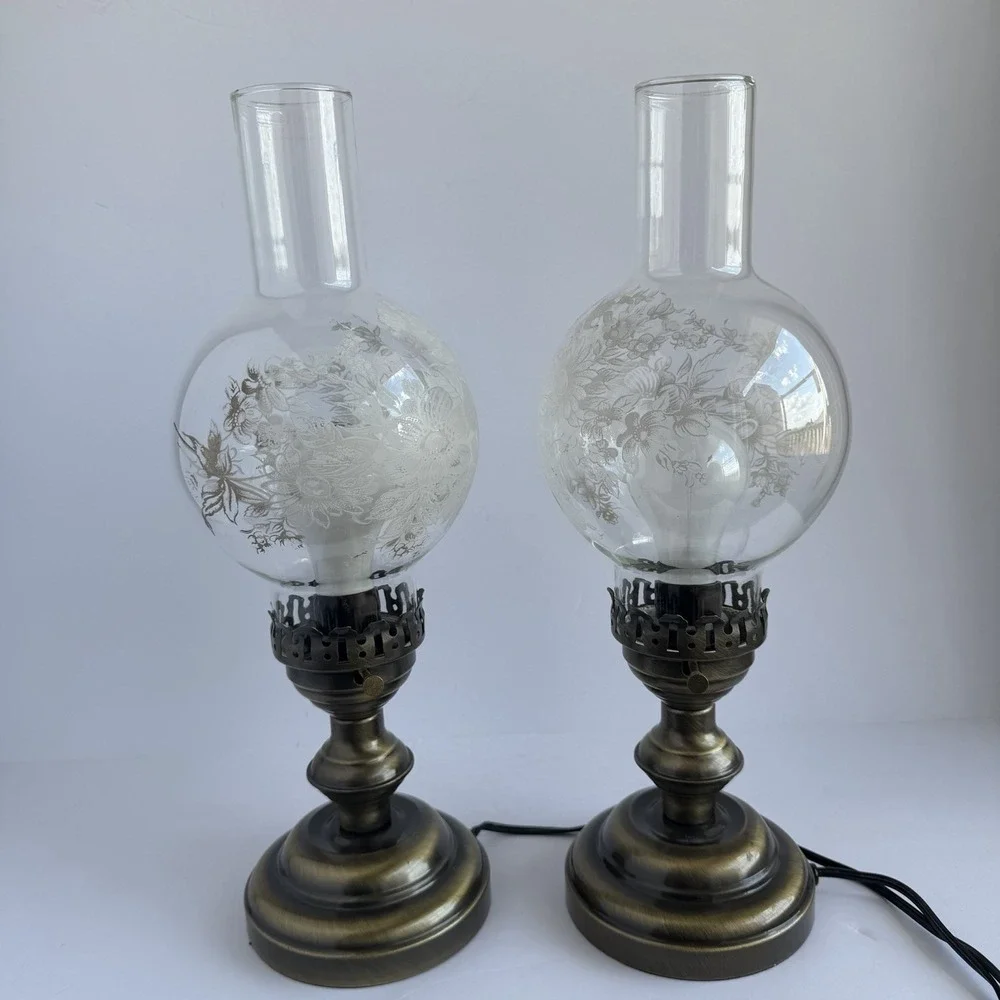 Victorian VTG Glass Hurricane Lamps (2) Floral Globe Cottagecore Praire